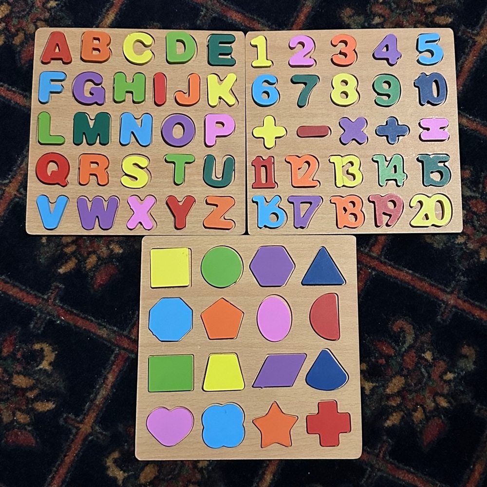 Wooden Alphabet, Numbers & Shapes Puzzle Set for Kids - Colorful Learning Toy